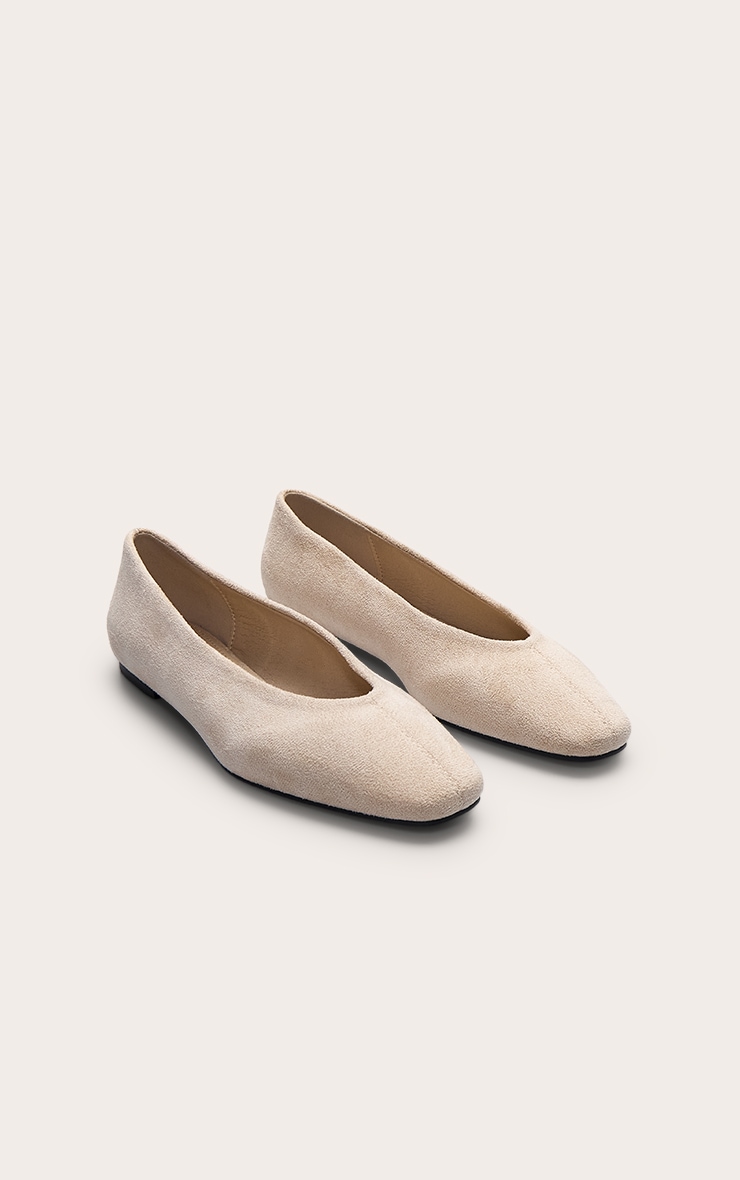 Cream Faux Suede Square Toe Seam Detail Ballet Flats image 3