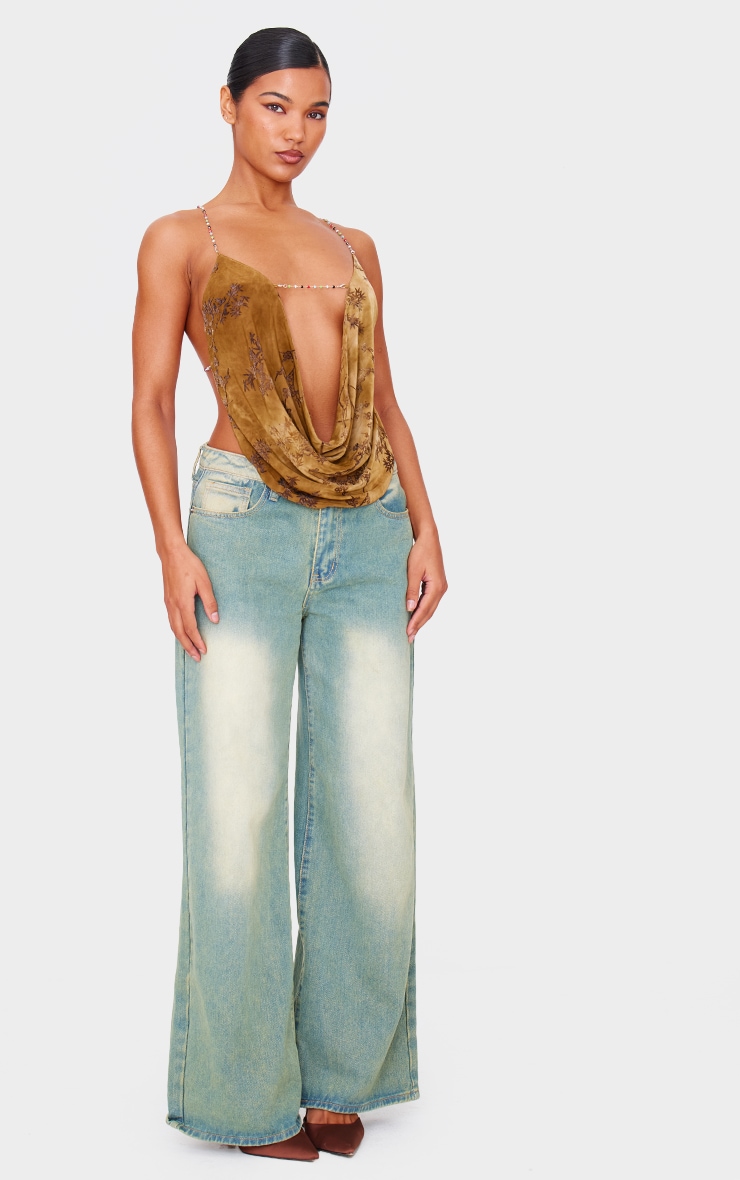 Khaki Devore Cowl Neck Beaded Detail Top image 3