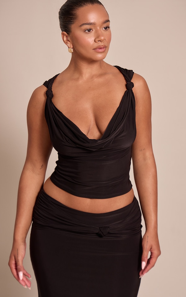 Shape Black Slinky Knot Detail Cowl Neck Top