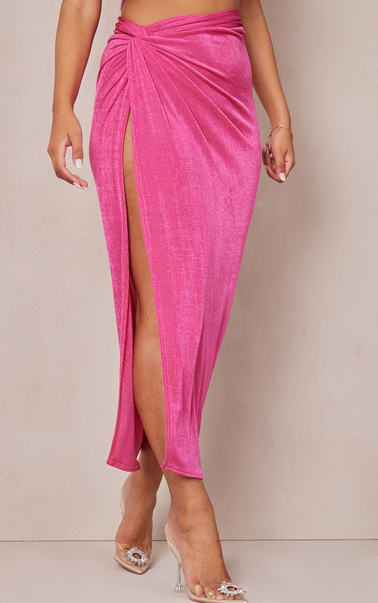 Hot Pink Acetate Slinky Ruched Knot Side Midaxi Skirt image 2