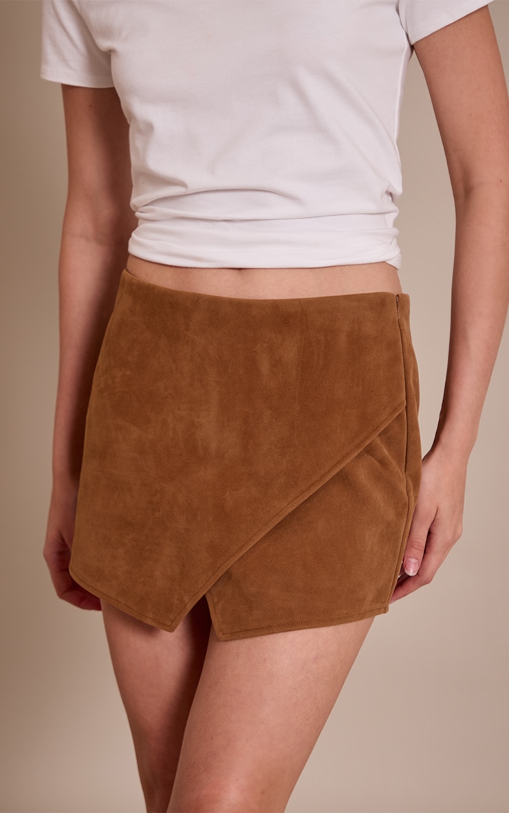 Camel Faux Suede Wrap Mini Skirt image 2