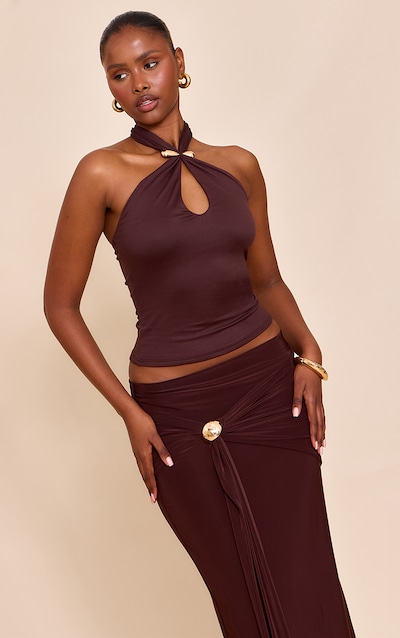 Chocolate Double Layer Soft Touch Trim Detail Halterneck Long Top