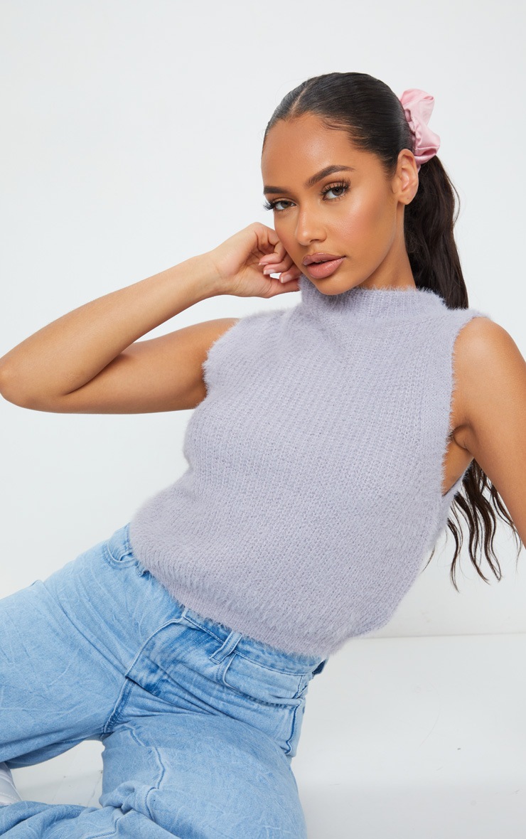Light Grey Eyelash Fluffy Knit Crop Top