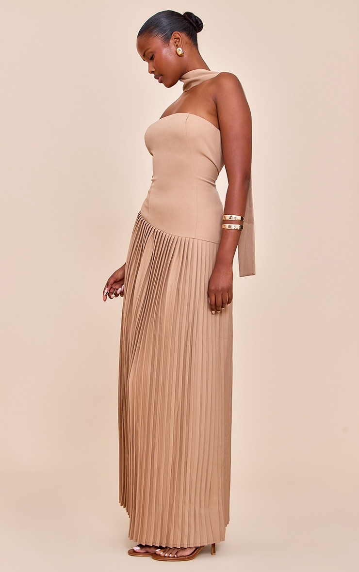 Taupe Woven Asymmetric Pleated Maxi Dress image 3