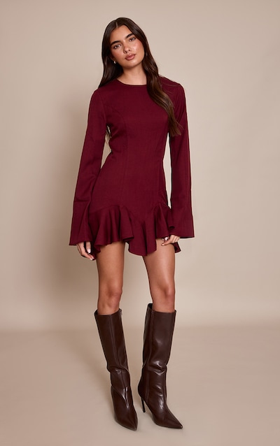Wine Tailored Boat Neck Frill Shift Dress