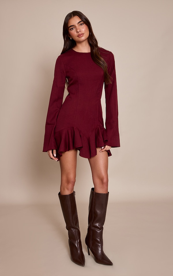 Wine Tailored Boat Neck Frill Shift Dress