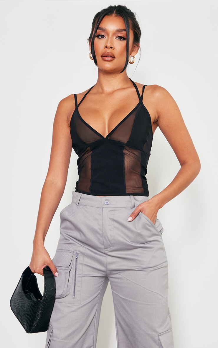 Black Stretch Woven Mesh Panel Detail Strappy Long Top