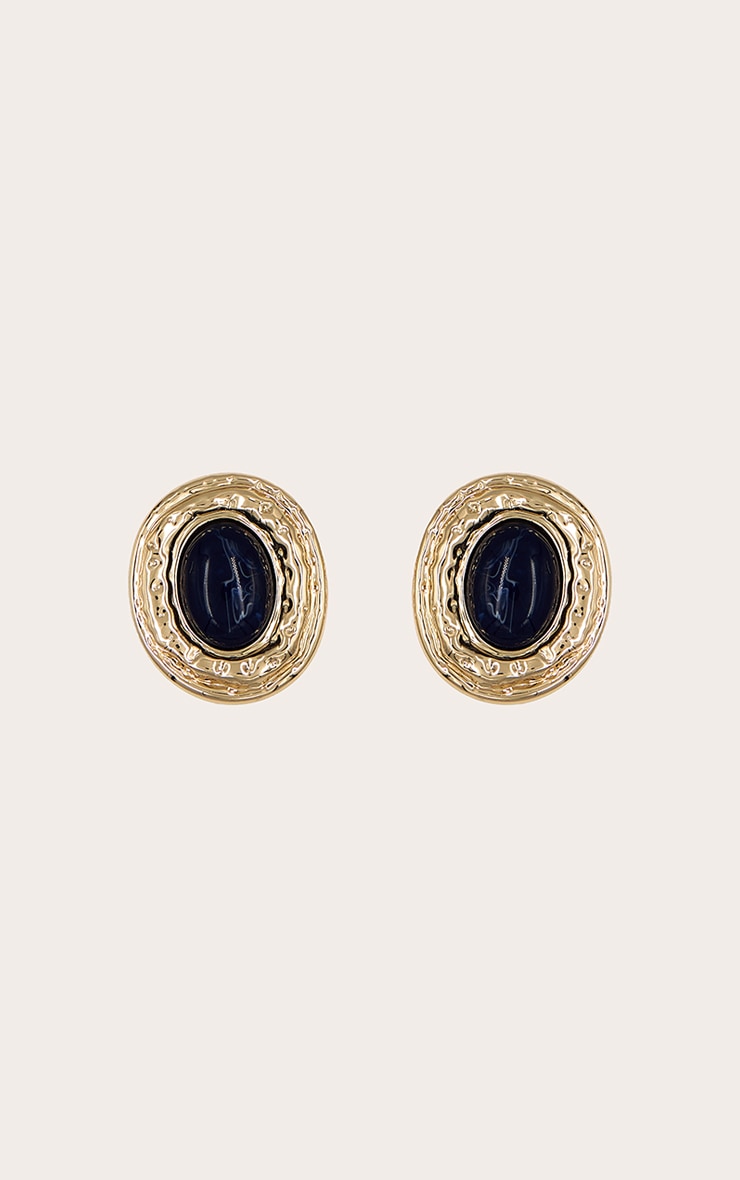 Gold Texture Navy Centre Statement Earrings image 3