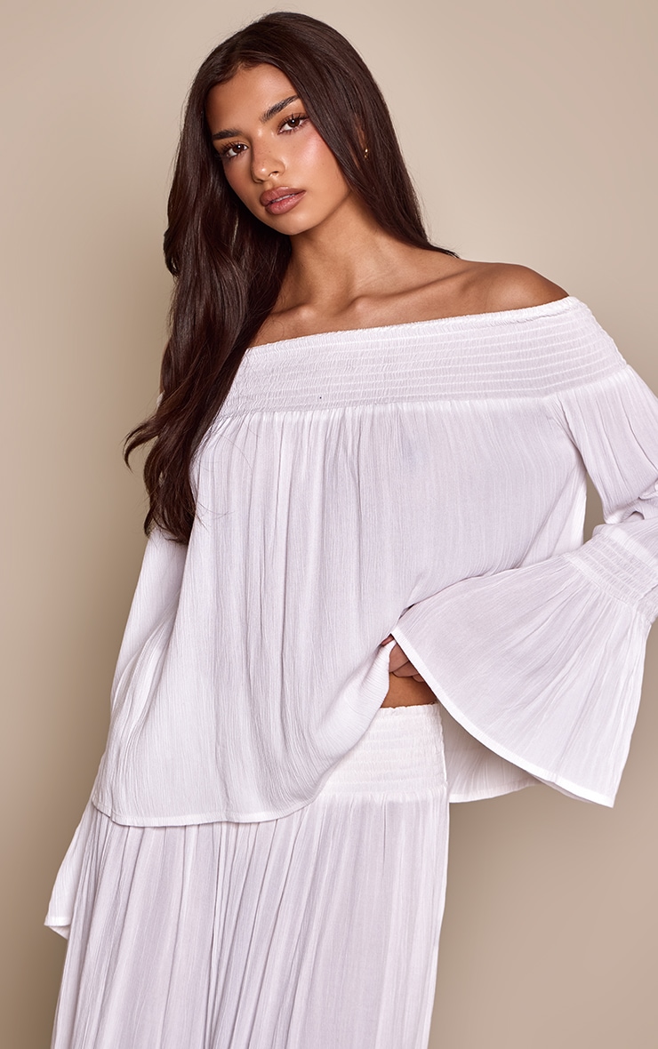 White Shirred Bardot Floaty Top