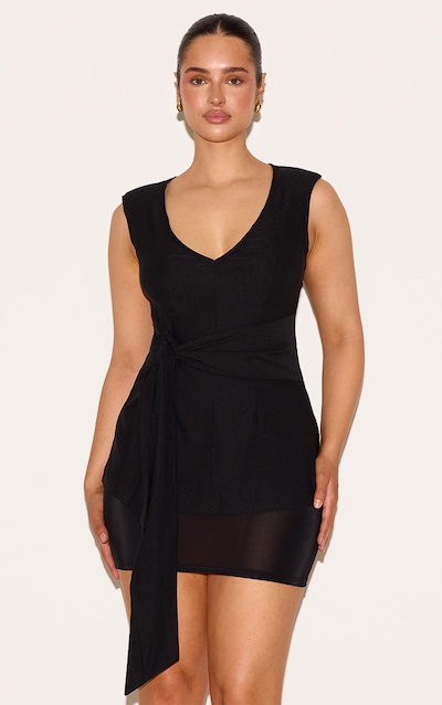 Shape Black Stretch Woven Plunge Front Belted Long Line Top