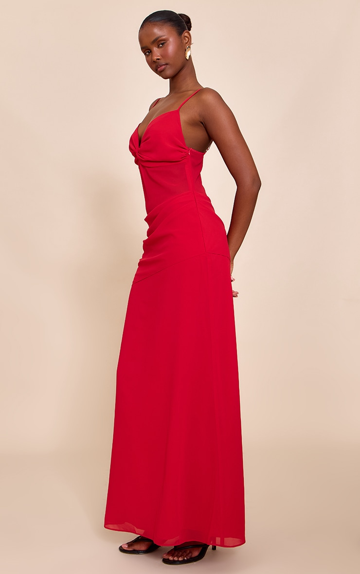 Robe longue en mousseline de soie rouge tomate à buste torsadé et partie en mesh image 3