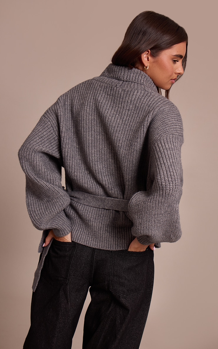 Grey Chunky Knit Rib Wrap Cardigan image 2