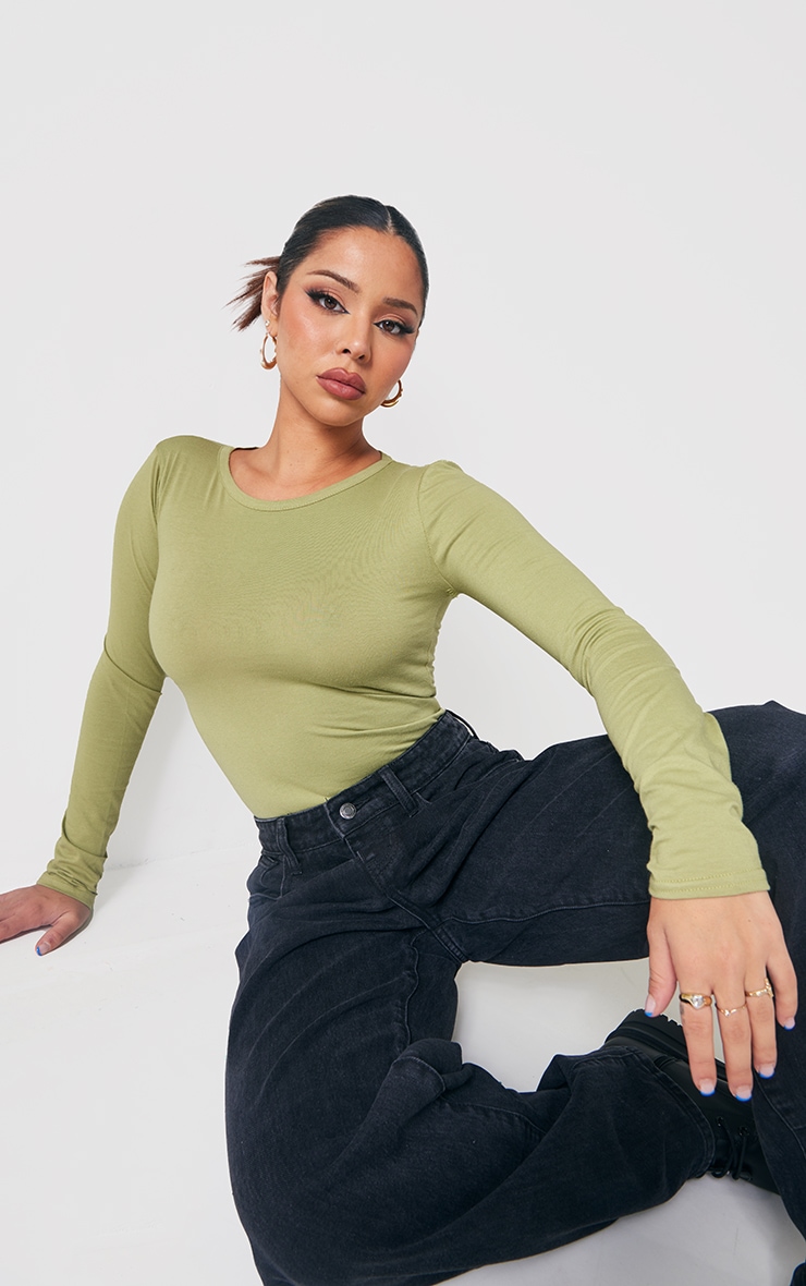 Olive Cotton Long Sleeve Bodysuit image 1