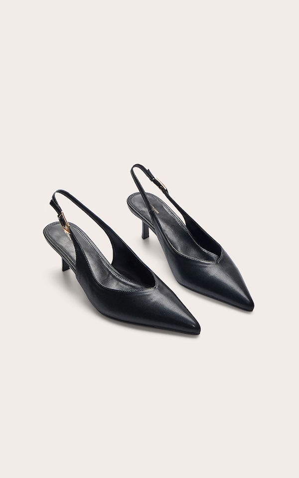 Black V Cut Sling Back Low Heeled Courts