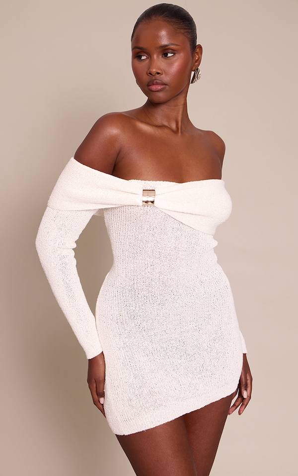 Cream Bardot Trim Detail Knitted Dress