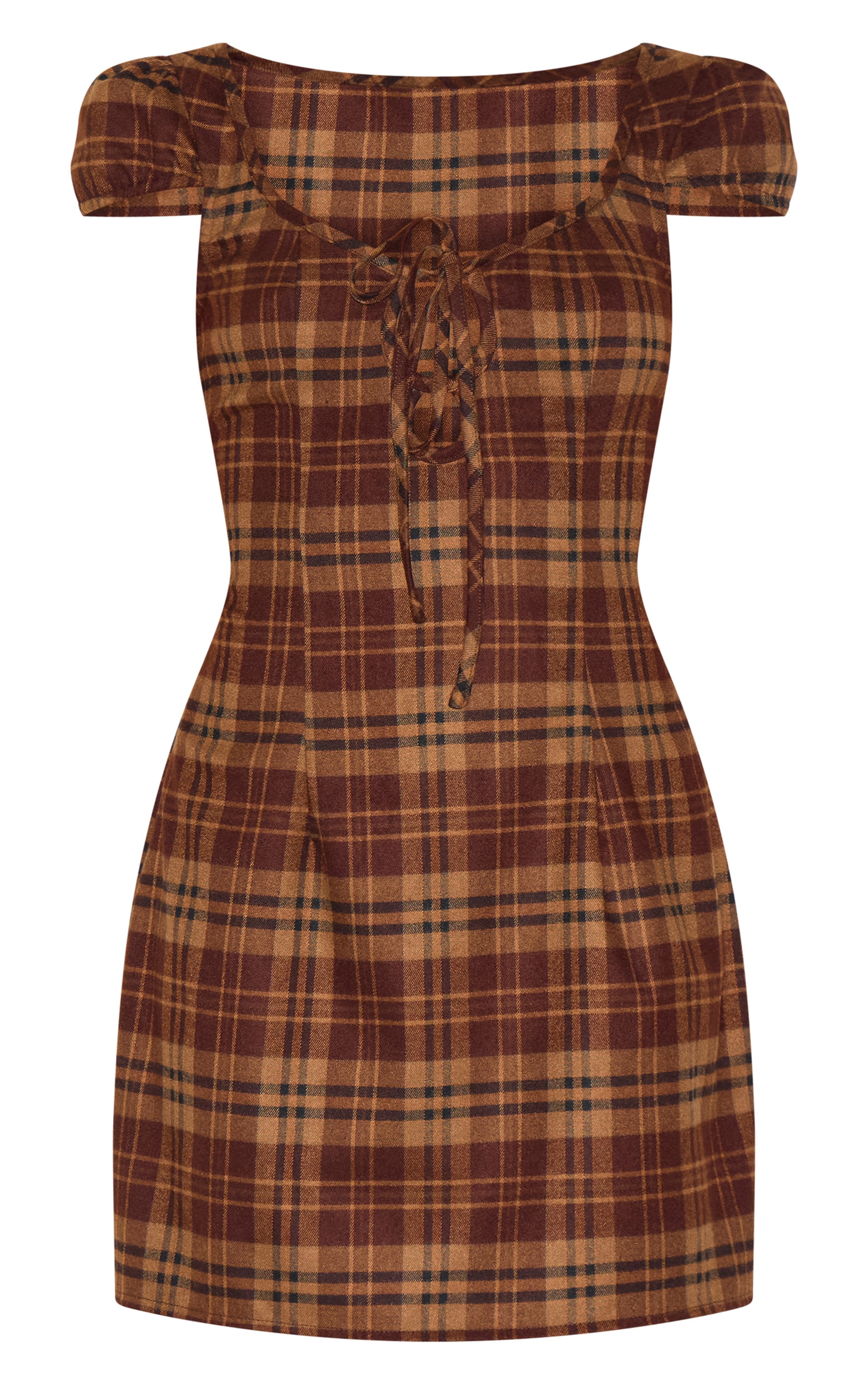 Petite Brown Checked Front Tie Mini Dress image 5