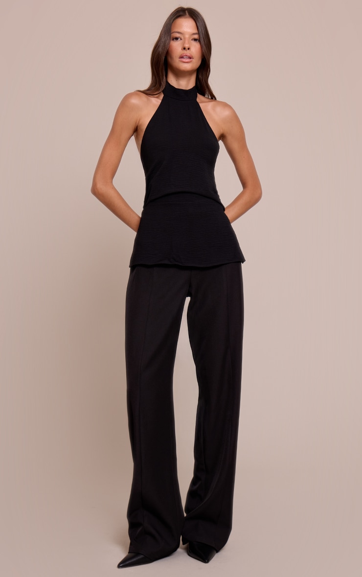 Black Woven High Neck Tie Back Detail Long Top image 3