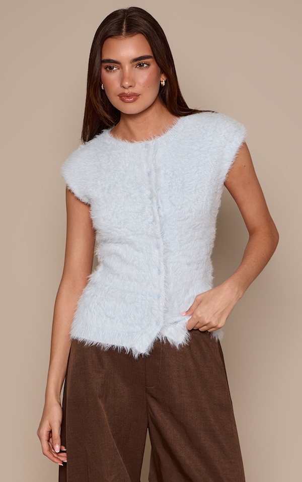 Powder Blue Fluffy Knit Cinched Waist Short Sleeved T Shirt 