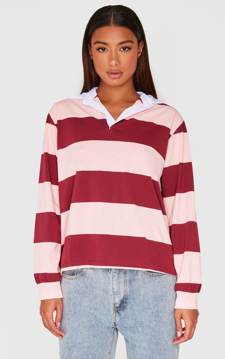★関税込★COVERNAT★VELVET STRIPE COLLAR LONG SLEEVE★ Burgundy Striped Collar Detail Long Sleeve T Shirt | Tops