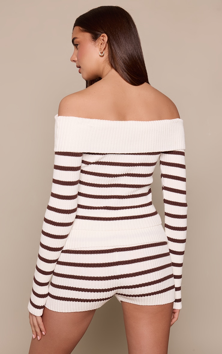 Cream Bardot Long Sleeve Striped Knitted Top image 2