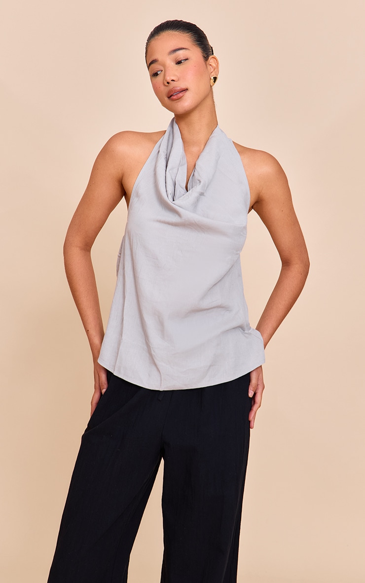 Grey Linen Blend Cowl Neck Backless Long Top image 2