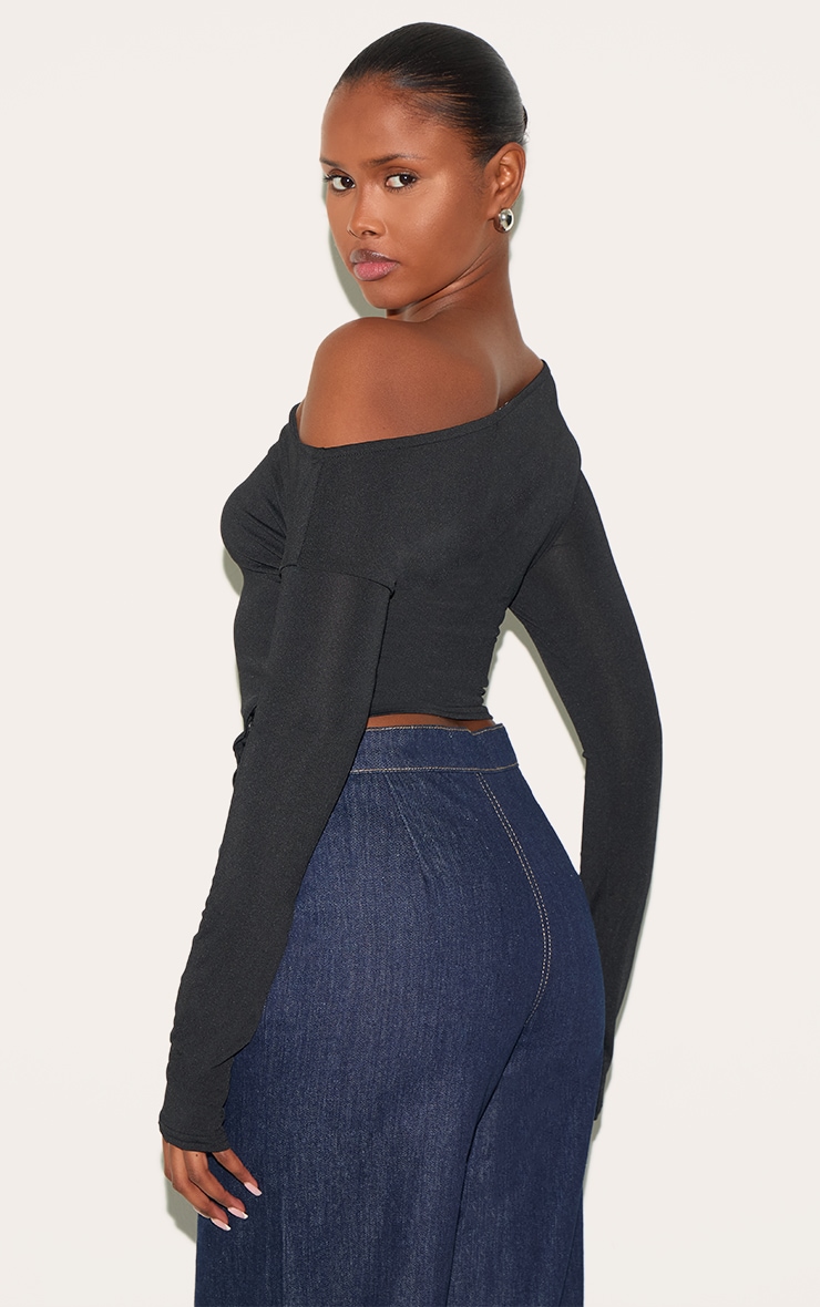 Black Slinky Asymmetric Neck Popper Detail Long Sleeve Top image 2