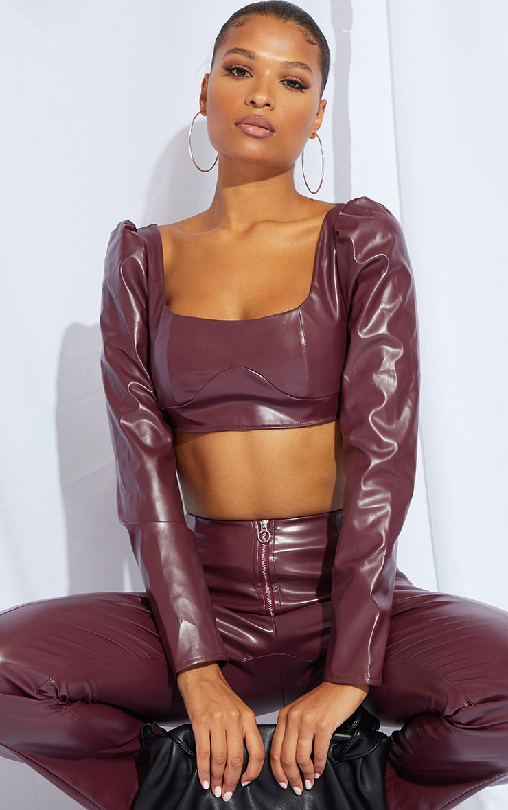 Burgundy Pu Scoop Neck Long Sleeve Crop Top