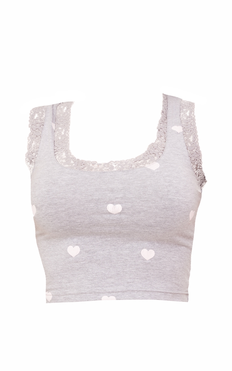 Grey Heart Print Jersey Lace Trim Scoop Neck PJ Tank image 5