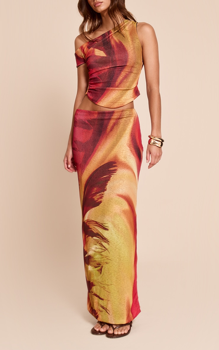 Multi Feather Print Onion Skin Low Rise Maxi Skirt image 2