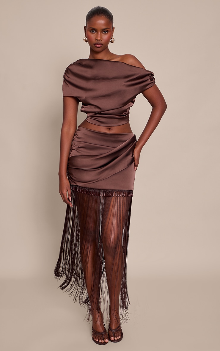 Chocolate Brown Satin Beaded Tassel Hem Mini Skirt image 1