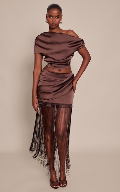 Chocolate Brown Satin Beaded Tassel Hem Mini Skirt