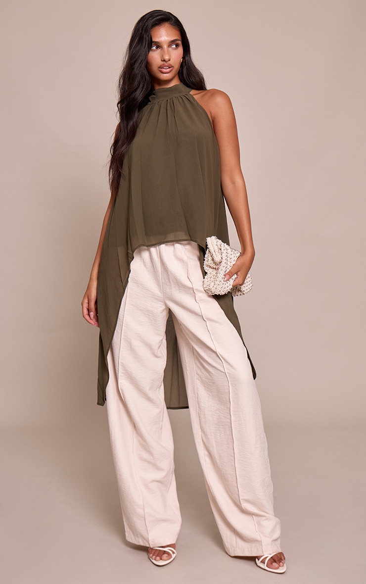 Khaki Chiffon Highneck Extreme Longline Top image 3