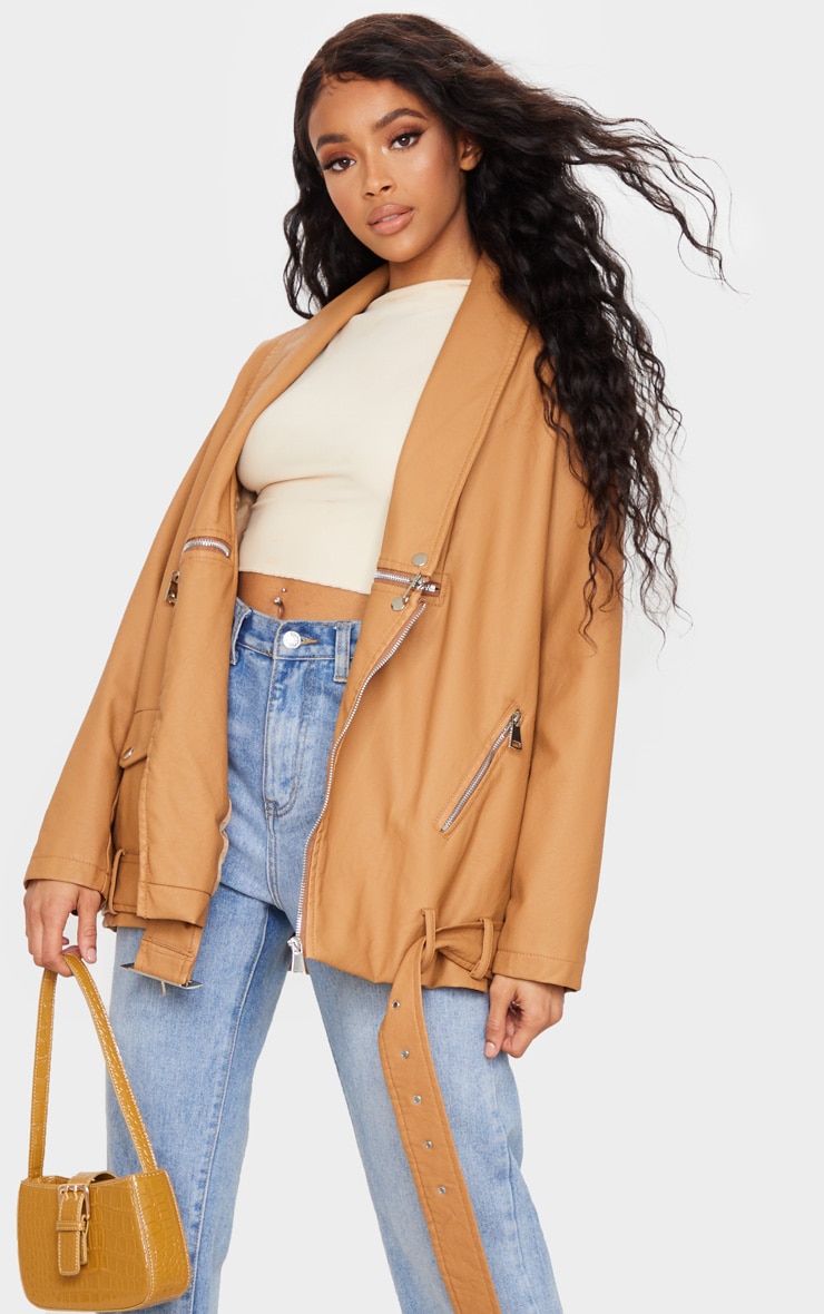Tan Faux Leather Oversized Biker