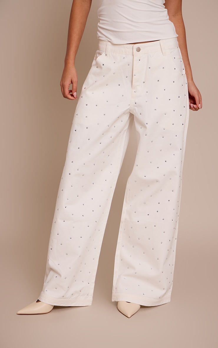 White Relaxed Low Rise Diamante Wide Leg Denim Jeans image 2
