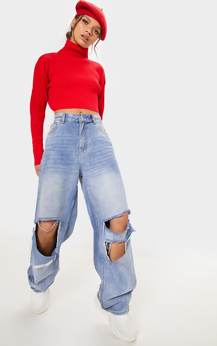 Red Ribbed Cropped Roll Neck Sweater image 4