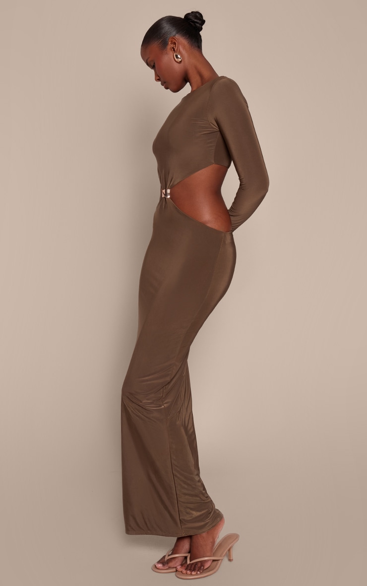 Robe longue moulante doublée kaki à manches longues et empiècement image 3