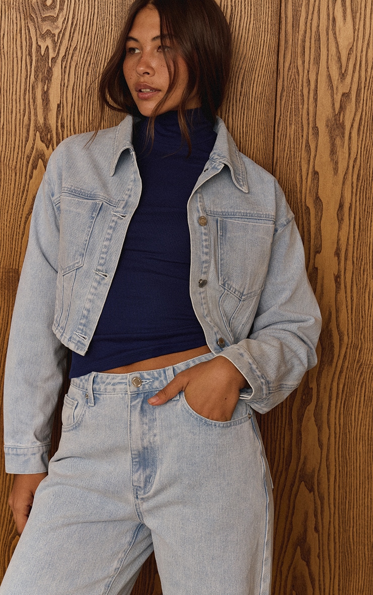 Light Blue Balloon Sleeve Cropped Denim Jacket image 4