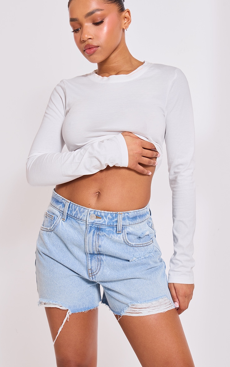 Light Blue Distressed High Rise Mom Denim Shorts image 4