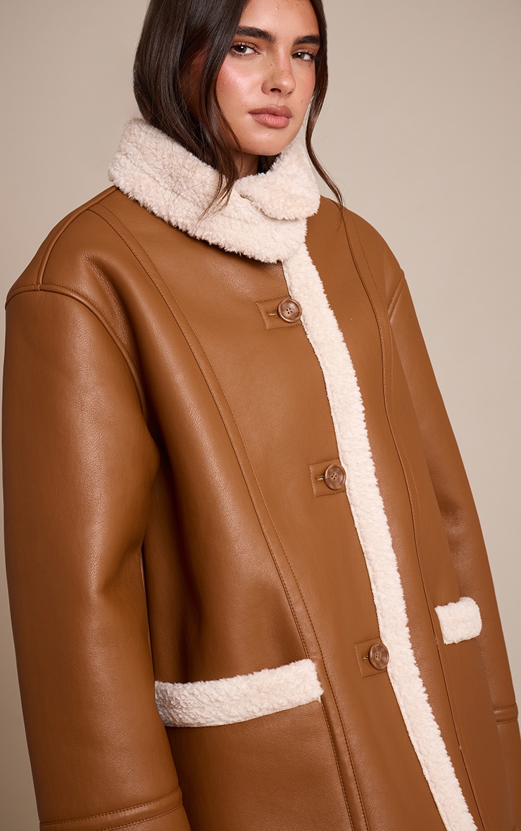 Tan Faux Leather Funnel Neck Aviator Coat image 4