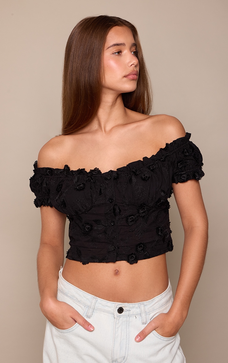 Black Embroidered Cotton Bardot Top