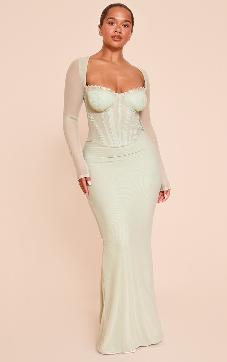Shape Robe longue en mesh sauge à bordures en dentelle et détail corset image 1