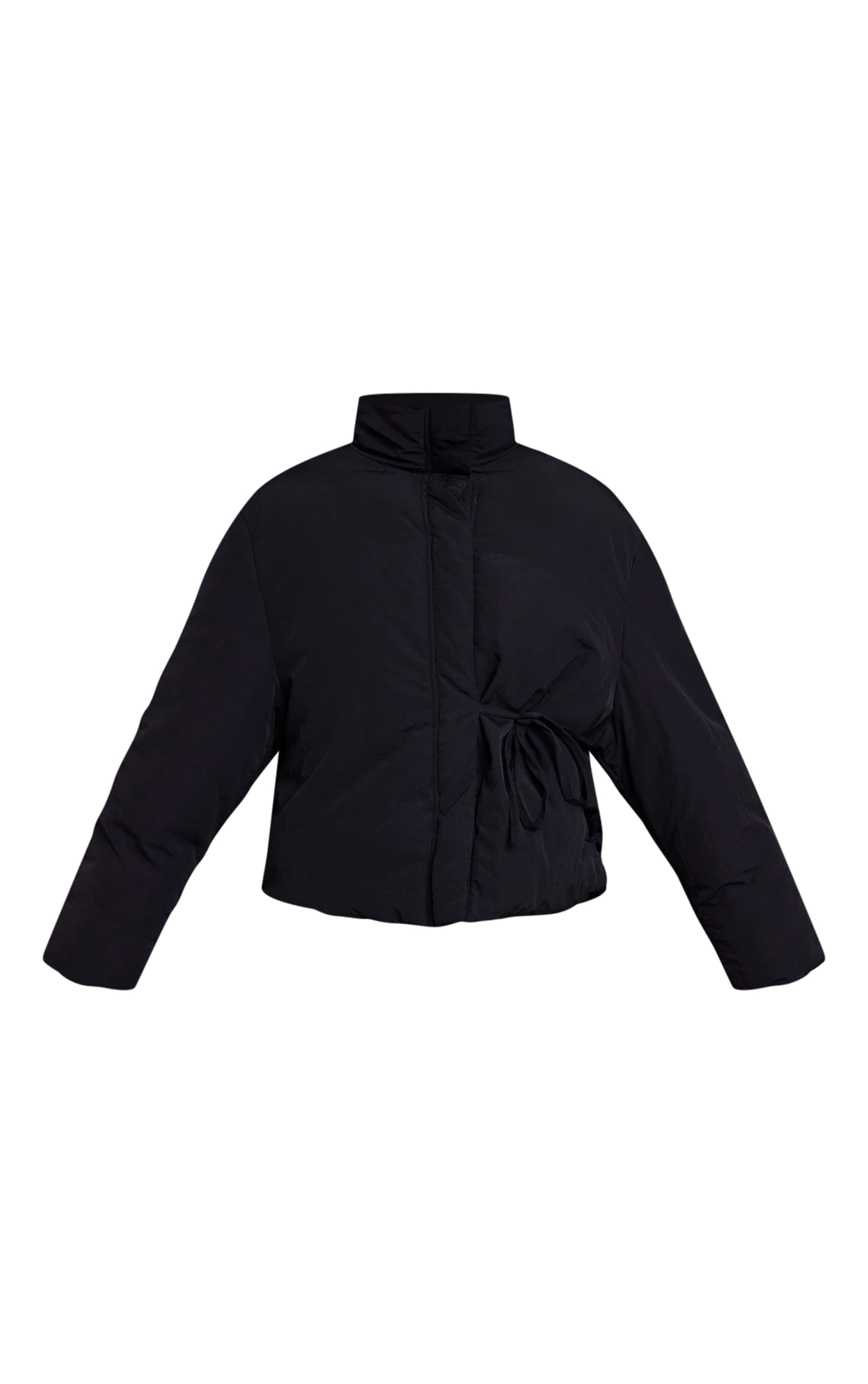 Black High Neck Tie Waist Quilted Jacket image 5