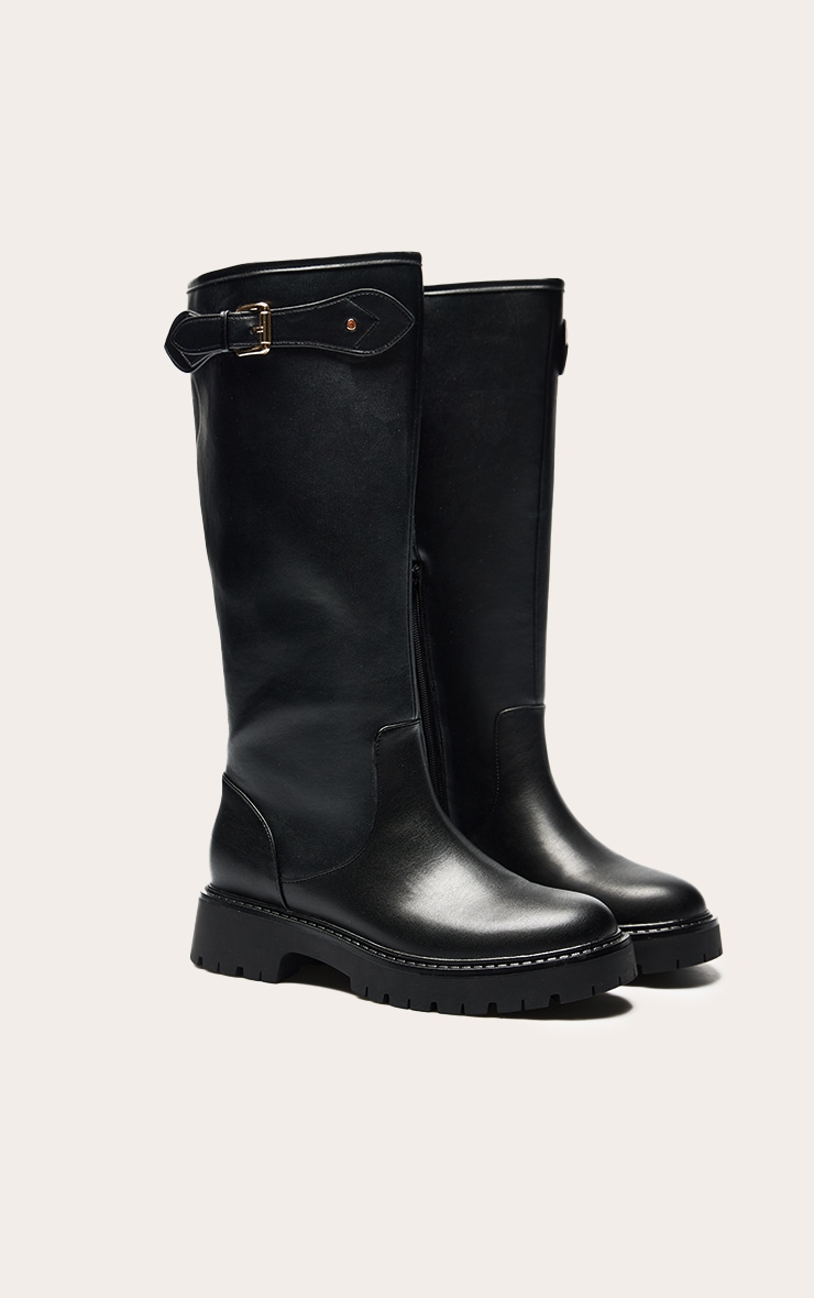 Black PU Buckle Detail Knee High Chelsea Boot image 3