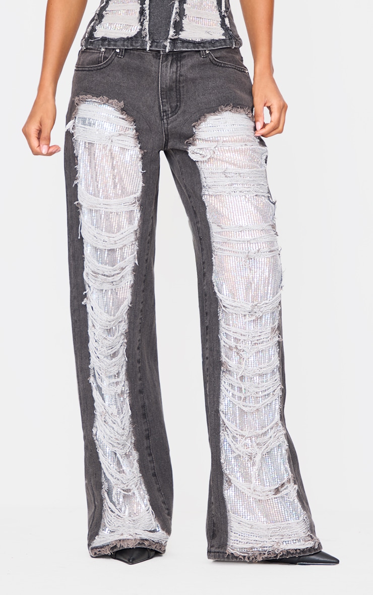 Washed Black Extreme Distressed Sequin Panel Straight Leg Jeans image 2