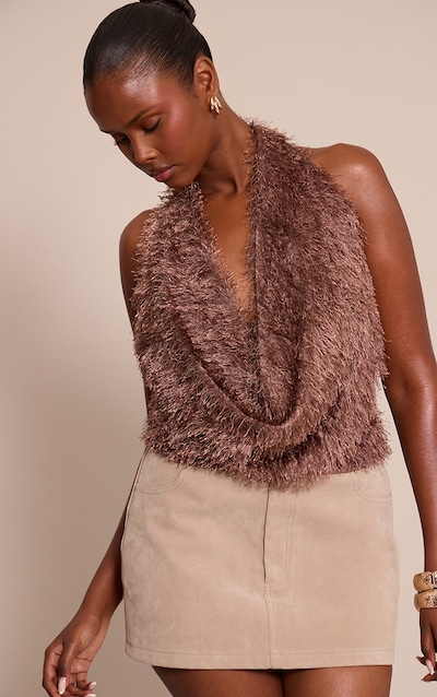 Chocolate Textured Cowl Halterneck Top