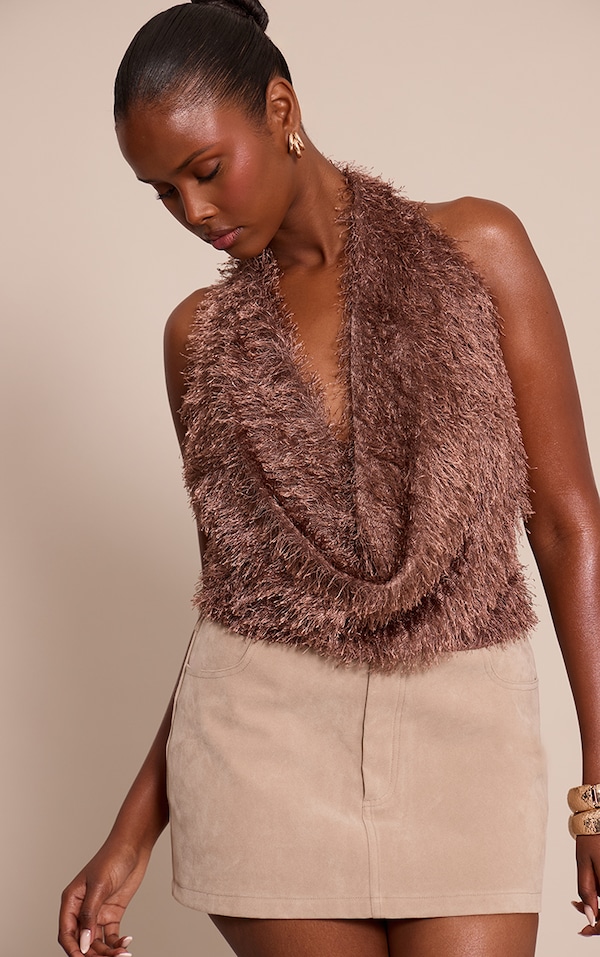 Chocolate Textured Cowl Halterneck Top