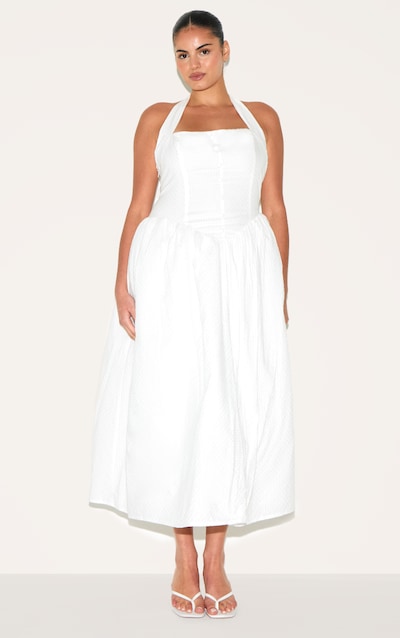 Plus Robe mi-longue en coton blanc brodé à dos nu
