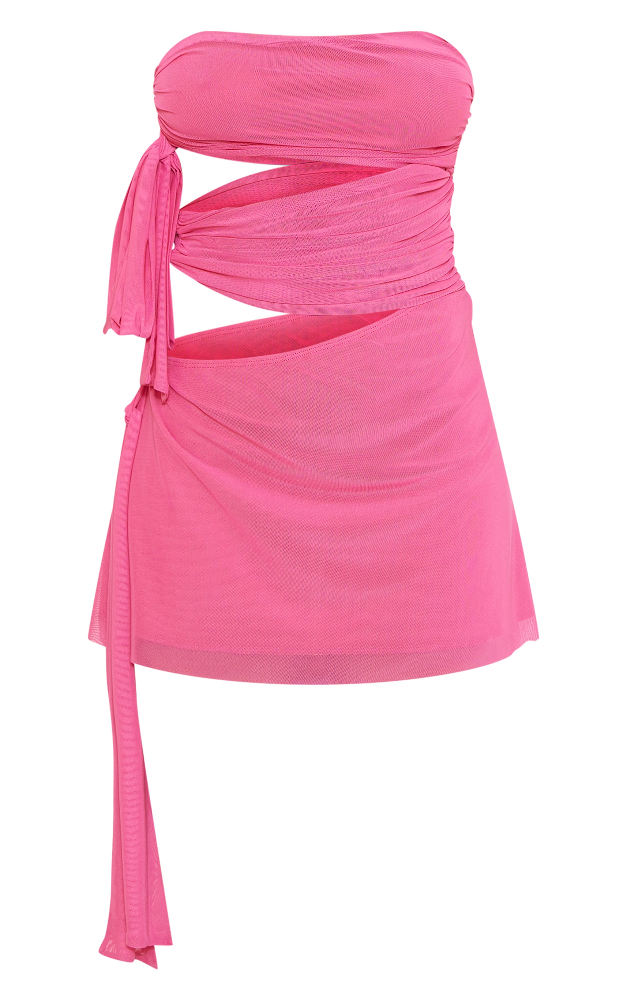 Bright Pink Mesh Bandeau Tie Waist Cut Out Mini Dress image 5