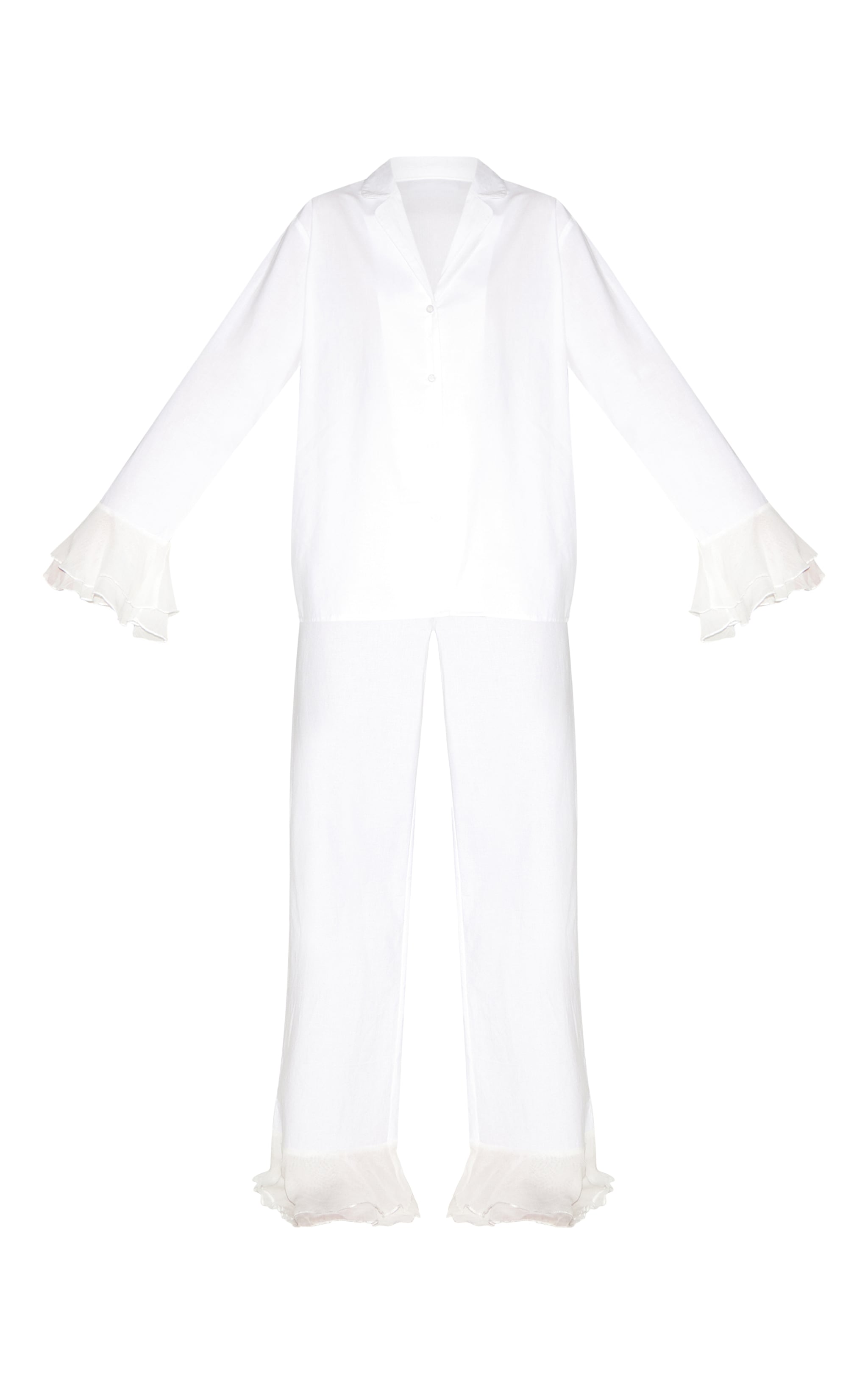 White Frilled Hem Cotton Long Pj Set image 5