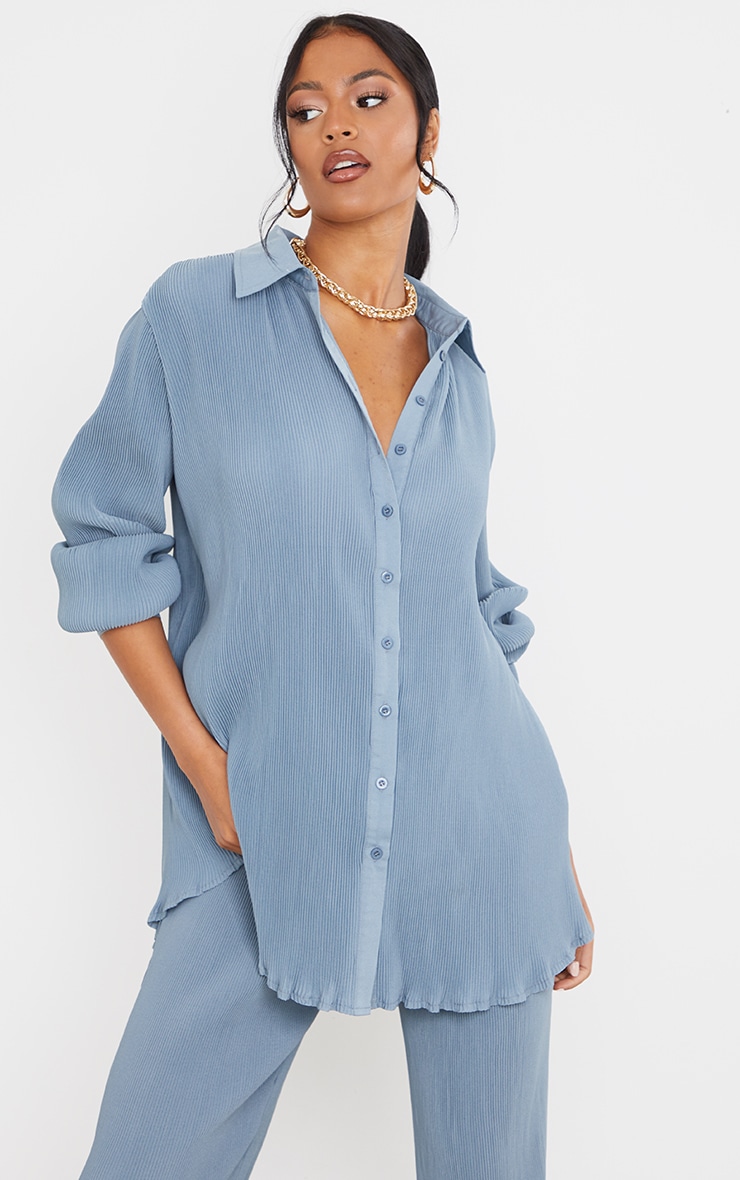 Tall  Blue Plisse Oversized Cuff Detail Shirt image 1